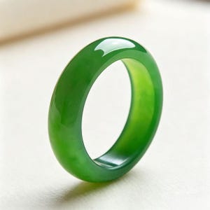 May include: A smooth, polished ring crafted from a single piece of vibrant, translucent green stone. The band features a rounded, domed exterior surface with a consistent thickness and a glossy finish that reflects light across its curved form.