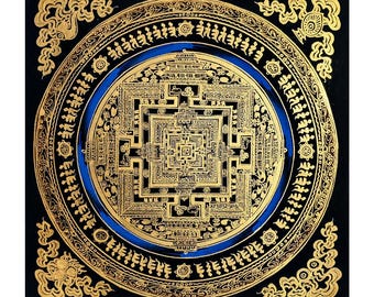 Opera d'arte Kalachakra Mandala dipinta a mano, stampa Thangka per la meditazione e la guarigione.