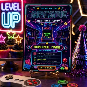 Plantilla de invitación de cumpleaños con temática arcade: Invitación a fiesta de videojuegos retro neón (descarga digital) imagen 2