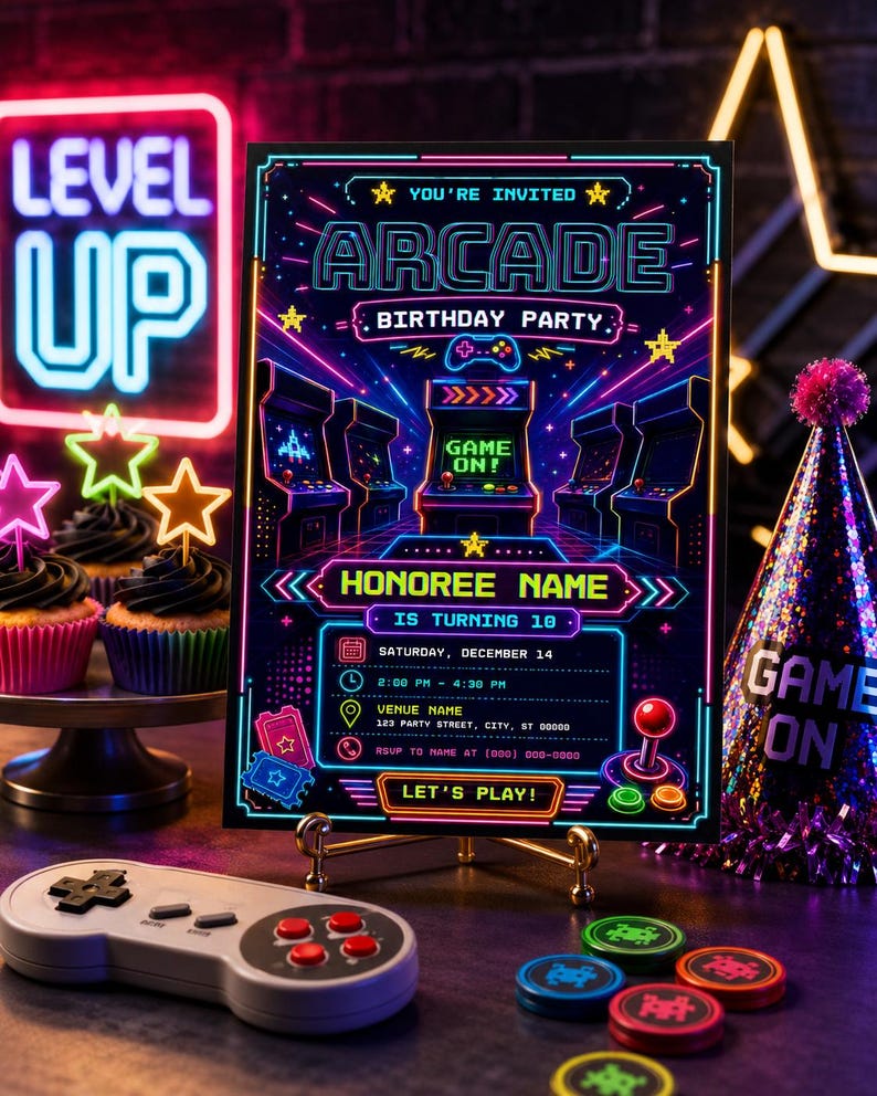 Plantilla de invitación de cumpleaños con temática arcade: Invitación a fiesta de videojuegos retro neón (descarga digital) imagen 2