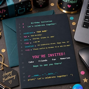 May include: A black rectangular birthday invitation card featuring colorful code-style text. The invitation includes lines for name, age, date, time, location, and RSVP, with the phrase YOU'RE INVITED! and a Python-style print statement at the bottom.