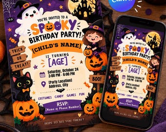 Editable Halloween Birthday Invitation Template, Spooky Ghost Pumpkin Party (Digital Download)