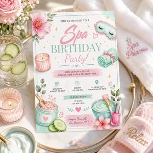 May include: A rectangular invitation card for a Spa Birthday Party featuring watercolor illustrations of a sleep mask, rolled towel, candle, face mask, and nail polish. The text includes event details, date, time, location, and RSVP information.