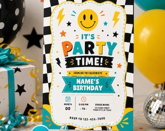 Smiley Face Birthday Invitation, Colorful Checkerboard Party Invite, Editable Kids Digital Template