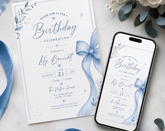 Blue Bow Birthday Invitation Template, Elegant Watercolor Floral Girls Party Invite, Editable Digital Download