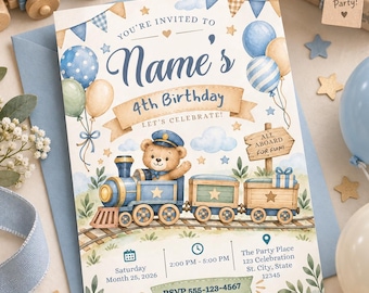 Watercolor Train Birthday Invitation, Teddy Bear Conductor, Blue Beige Sage (Digital Download)