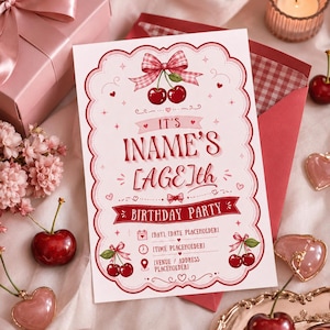 Op de afbeelding: Een rechthoekige uitnodigingskaart voor een verjaardagsfeest met een rood en roze kersenthema en een geschulpte rand. De tekst luidt IT'S INAME'S [AGE]th BIRTHDAY PARTY, met tijdelijke aanduidingen voor datum, tijd en locatie, versierd met strikjes.