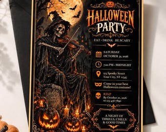 Gothic Halloween Party Invitation Template, Skeleton Violin, Full Moon, Pumpkin & Spooky Vintage Invite