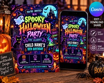 Plantilla editable de invitación para fiesta de cumpleaños de Halloween (descarga digital)