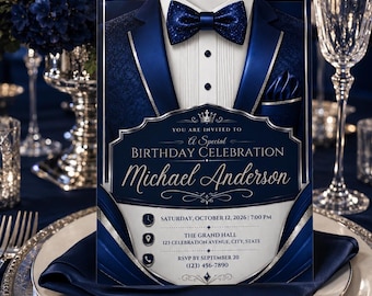 Royal Blue Glitter Tuxedo Birthday Invitation, Men's Formal Event Template (Digital Download)