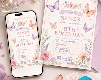 Editable Butterfly 5th Birthday Invitation, Pink Purple Floral Girls Party (Digital Download)
