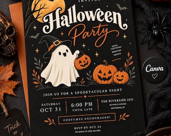 Vintage Halloween Party Invitation, Ghost & Pumpkin Spooky Template (Digital Download)