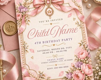 Editable Pink Princess Birthday Invitation, Floral Pearl Bow, Gold Crown (Digital Download)