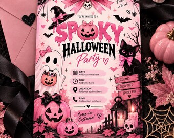 Pink Halloween Party Invitation, Spooky Ghost, Pumpkin, Black Cat (Editable Template)
