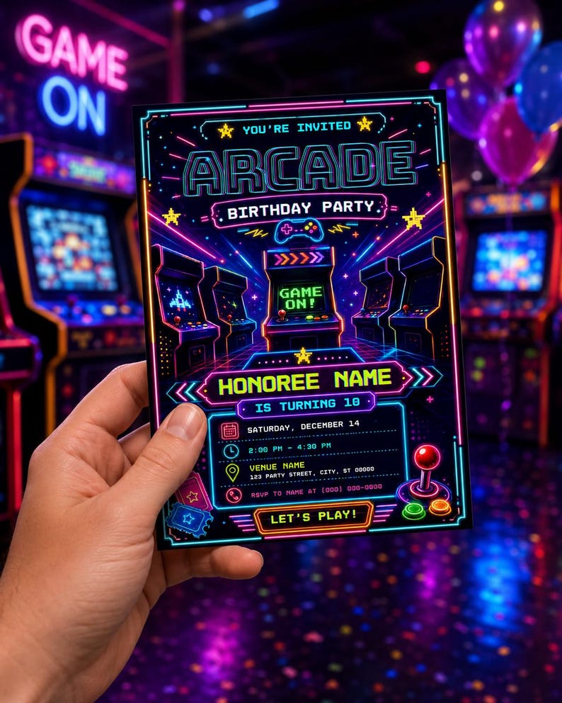 Puede incluir: Una invitaci&oacute;n rectangular para fiesta de cumplea&ntilde;os arcade con gr&aacute;ficos estilo ne&oacute;n de m&aacute;quinas recreativas, un mando y un joystick. El texto dice: YOU'RE INVITED, ARCADE BIRTHDAY PARTY, GAME ON, HONOREE NAME, IS TURNING 10, SATURDAY, DECEMBER 14, 2:00 PM - 4:30 PM, VENUE NAME, 123 PARTY STREET, CITY, ST 00000, RSVP TO NAME AT (000) 000-0000, LET'S PLAY!