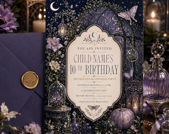 Enchanted Glasshouse 10th Birthday Invitation, Celestial Garden Party Invite with Moon, Butterflies & Lavender Florals