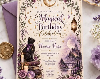 Magical Birthday Invitation, Celestial Witchy Purple Gold Party Invite (Digital Download)