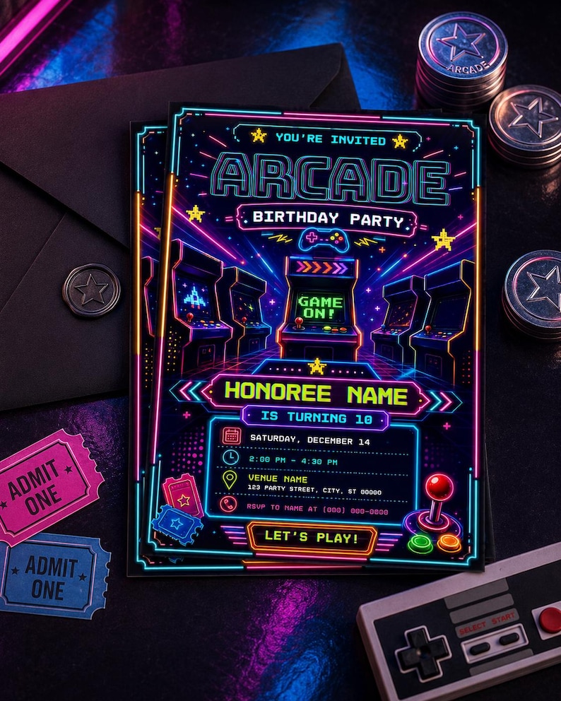 Puede incluir: Una invitaci&oacute;n rectangular para fiesta de cumplea&ntilde;os con tem&aacute;tica arcade, con gr&aacute;ficos de estilo ne&oacute;n de m&aacute;quinas recreativas, un mando y entradas. El texto dice YOU'RE INVITED, ARCADE BIRTHDAY PARTY, GAME ON, HONOREE NAME, IS TURNING 10 y LET'S PLAY.