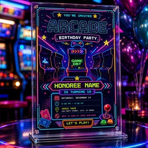 Plantilla de invitación de cumpleaños con temática arcade: Invitación a fiesta de videojuegos retro neón (descarga digital) imagen 1