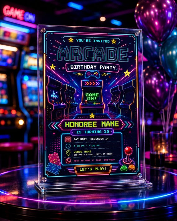 Arcade Birthday Invitation Template: Neon Retro Game Party Invite (Digital Download)
