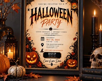 Vintage Halloween Party Invitation Template, Spooky Pumpkin Gothic Design (Digital Download)