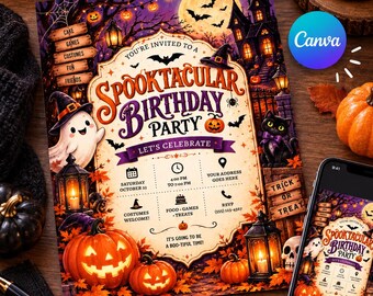 Spooktacular Halloween Birthday Invitation, Orange Purple Haunted House Party Template, Pumpkin Ghost Birthday Invite
