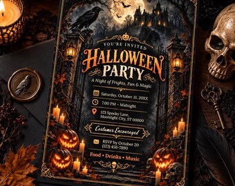 Gothic Halloween Party Invitation, Haunted Mansion, Full Moon, Raven (Digital Download)