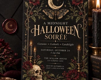 Editable Halloween Soirée Invitation Template: Gothic Floral Design (Digital Download)