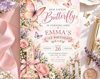 Butterfly 1st Birthday Invitation, Pink Floral Watercolor Garden Party (Editable Template)