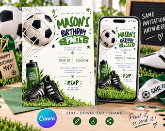 Editable Soccer Birthday Invitation Template (Canva Digital Download)