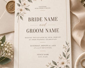 Elegant Botanical Wedding Invitation, Ivory Sage Floral, Minimalist Gold Garden Template (Digital Download)