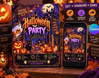 Plantilla editable para invitación a fiesta de Halloween (descarga digital en Canva)