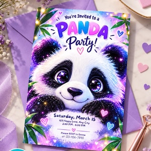 Pode incluir: Um cartão de convite retangular com a ilustração de um panda de olhos grandes e roxos, rodeado por folhas de bambu e corações de néon. O texto diz: You're Invited to a PANDA Party! Saturday, March 15, 123 Happy Lane, Any City, 2:00 PM - 5:00 PM, Please RSVP to Emma at 123-456-7890.