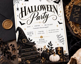 Elegant Halloween Party Invitation Template, Black Gold Witch Theme (Digital Download)