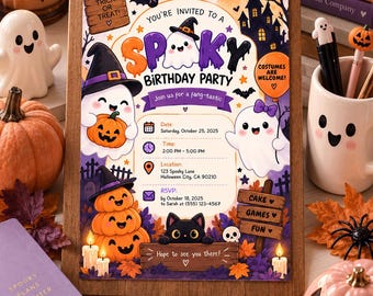 Spooky Halloween Birthday Invitation, Ghost Pumpkin Party (Digital Download)