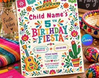 Colorful Mexican Fiesta Birthday Invitation, Sombrero Cactus Guitar Kids Party (Digital Download)