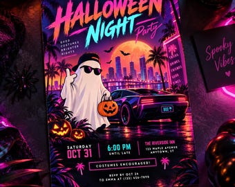 Neon Halloween Party Invitation, Retro Miami Night, Ghost Pumpkin Editable Template (Digital Download)