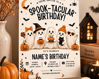 Spooky Halloween Birthday Invitation Template, Ghosts, Pumpkins, Bats (Digital Download)