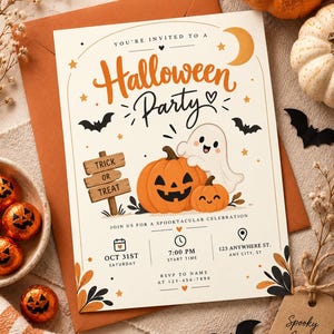 Pode incluir: Um convite de festa de Halloween cor creme com texto laranja Halloween Party, um fantasma, duas abóboras, uma placa de madeira com Trick or Treat e detalhes do evento: 31 de out, 19h, 123 Anywhere St.
