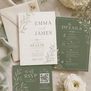 May include: A wedding invitation suite featuring a white card with black text reading Emma and James, a sage green details card, and a matching RSVP card with a QR code. The stationery includes botanical line art illustrations and white envelopes.