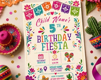 Colorful Fiesta 5th Birthday Invitation, Mexican Folk Art Papel Picado Kids Party Digital Template