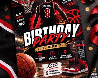 Editable Basketball Birthday Invitation, Red Black Sports Party (Digital Download)
