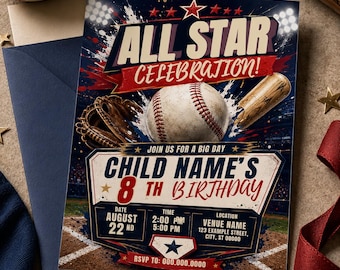 Könnte beinhalten: Eine Baseball-Geburtstagseinladungskarte mit dem Text ALL STAR CELEBRATION, CHILD NAME'S 8 TH BIRTHDAY, AUGUST 22 ND, 2:00 PM 5:00 PM, VENUE NAME, 123 EXAMPLE STREET, CITY, ST 00000 und RSVP TO: 000.000.0000 sowie Baseball-Grafiken.