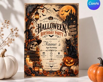 Vintage Gothic Halloween Birthday Invitation Template, Spooky Party Invite (Digital Download)