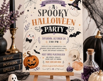 Spooky Halloween Party Invitation, Ghost Pumpkin Bat Editable Digital Invite (Canva Template)