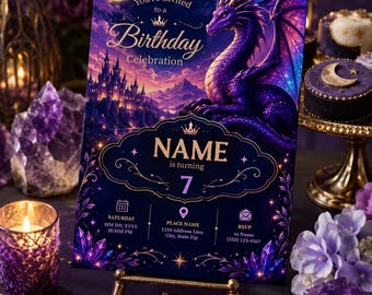 Invitación de cumpleaños número 7 con diseño de dragón púrpura, invitación a fiesta en un castillo mágico de fantasía (descarga digital)