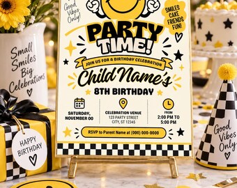 Smiley Face Birthday Invitation, Black Yellow Checkered Kids Party Invite (Digital Download)