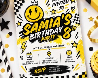 Graffiti Style 8th Birthday Invitation, Yellow Black Smiley Face (Digital Download)