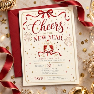 May include: A cream-colored New Year's Eve invitation card featuring red and gold text that reads Cheers to the New Year, You're Invited, and details for Tuesday, December 31st at The Maple Event Hall, 456 Oakwood Drive, Denver, CO 80205.