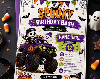 Spooky Halloween Monster Truck Birthday Invitation, Kids Party Template (Digital Download)